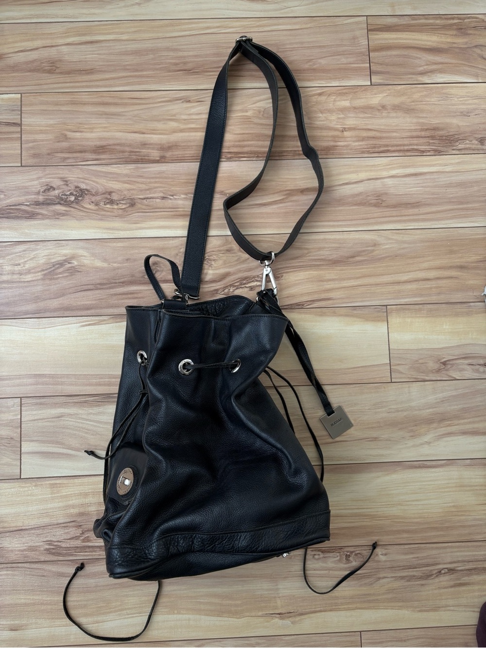 RUDSAK Black Leather Drawstring Shoulder Bag with Silver Hardware